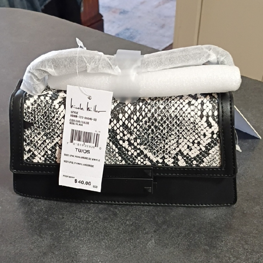 Nicole Miller Black & White Snake-Print Shoulder Bag